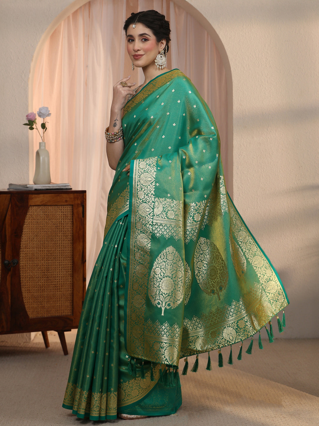  Libas Teal Green Woven Design Satin Tassel Saree 