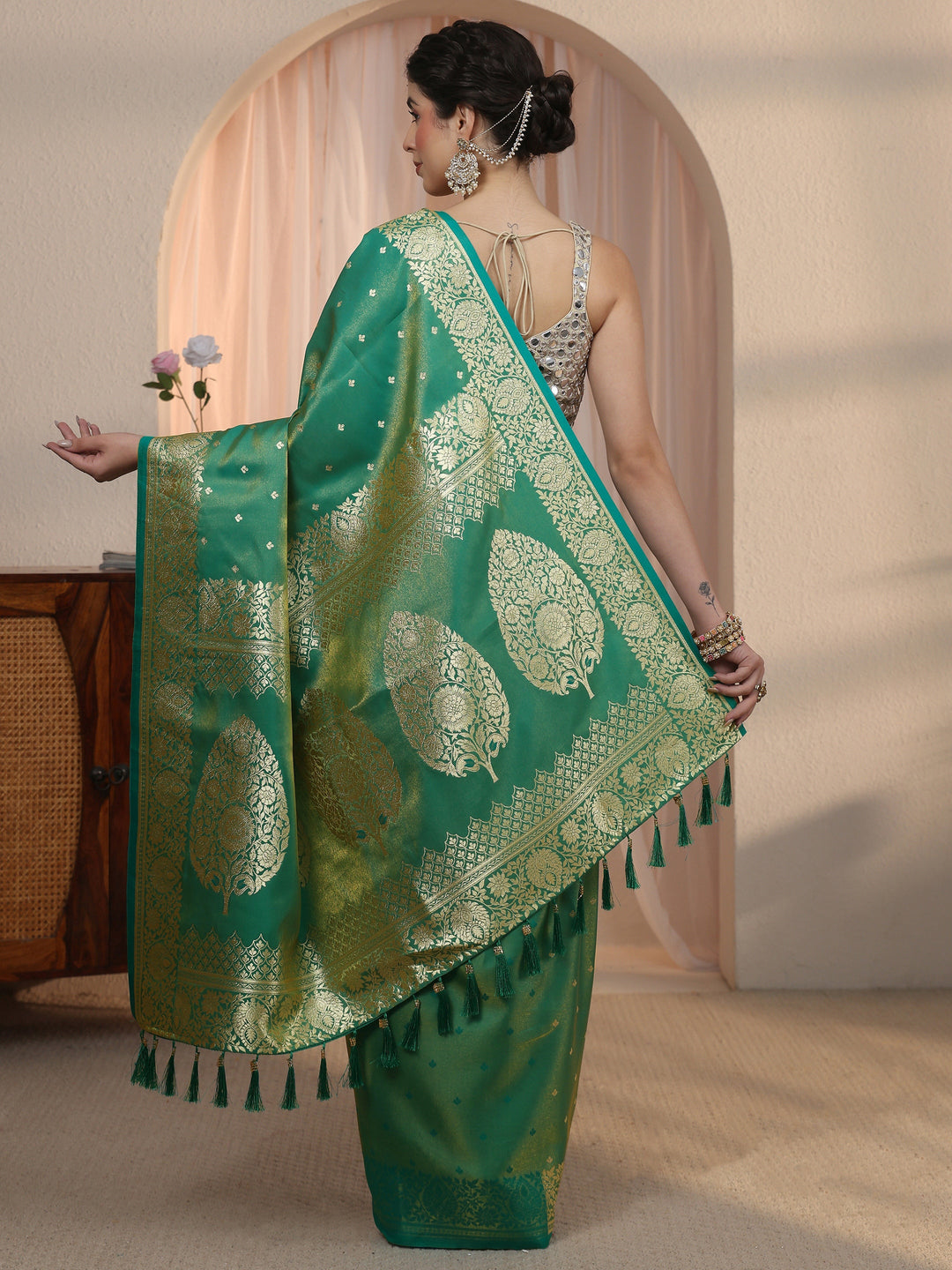  Libas Teal Green Woven Design Satin Tassel Saree 