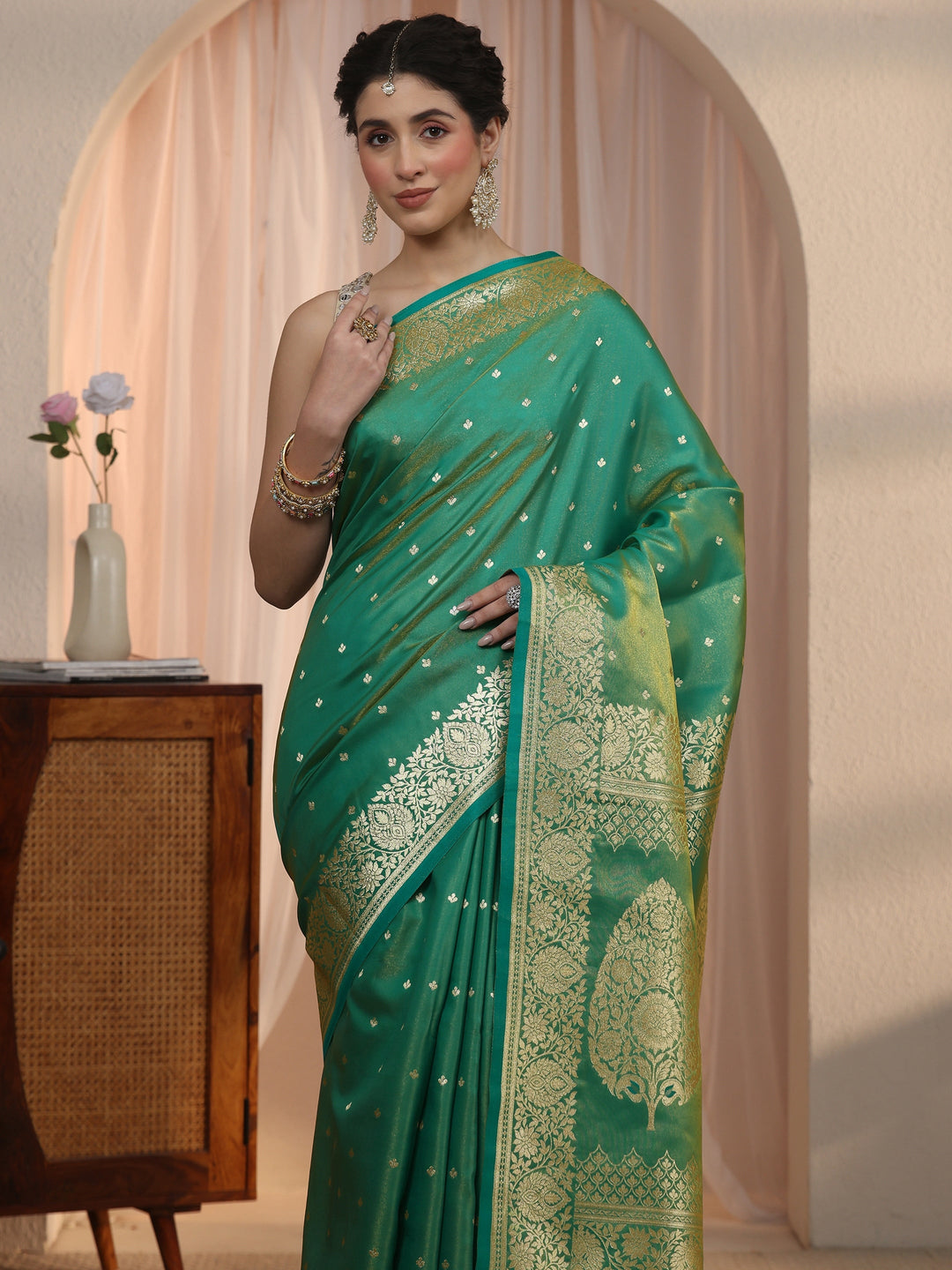  Libas Teal Green Woven Design Satin Tassel Saree 