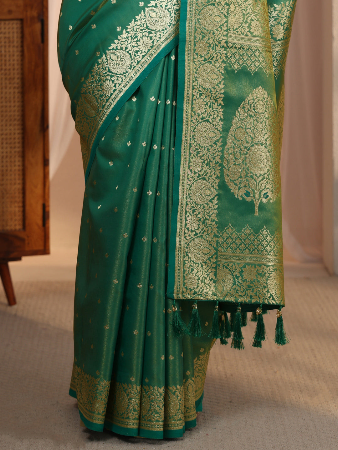  Libas Teal Green Woven Design Satin Tassel Saree 