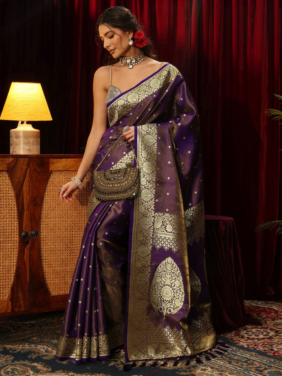 Libas Pansy Purple Floral Woven Design Satin Saree 