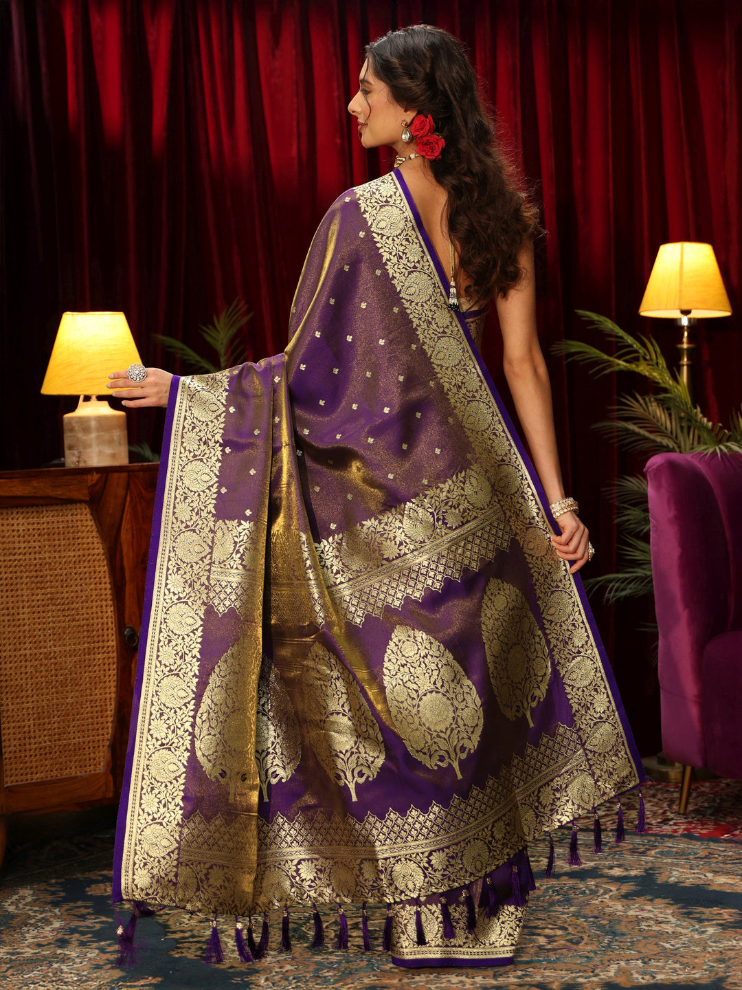 Libas Pansy Purple Floral Woven Design Satin Saree 