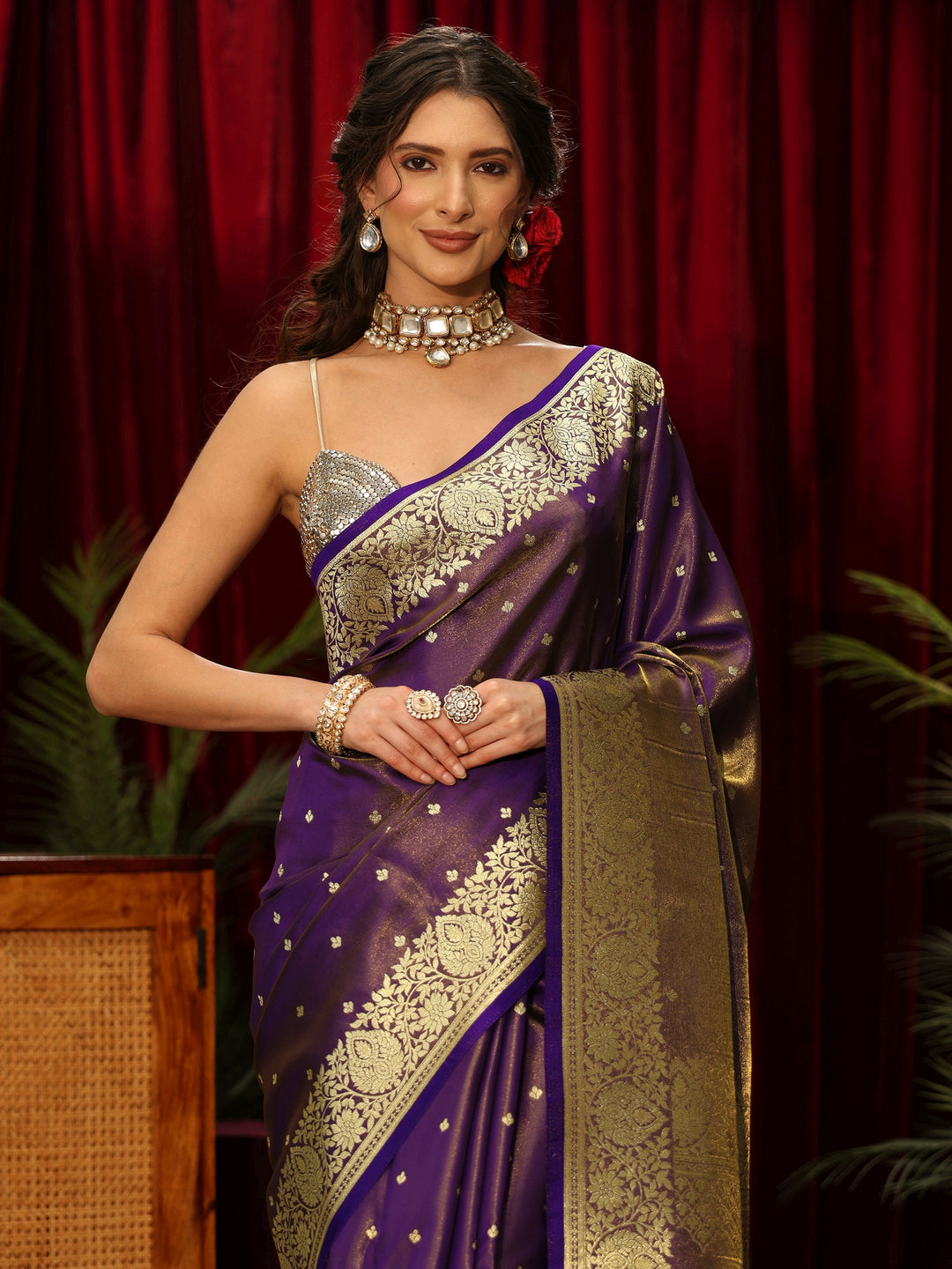  Libas Pansy Purple Floral Woven Design Satin Saree 