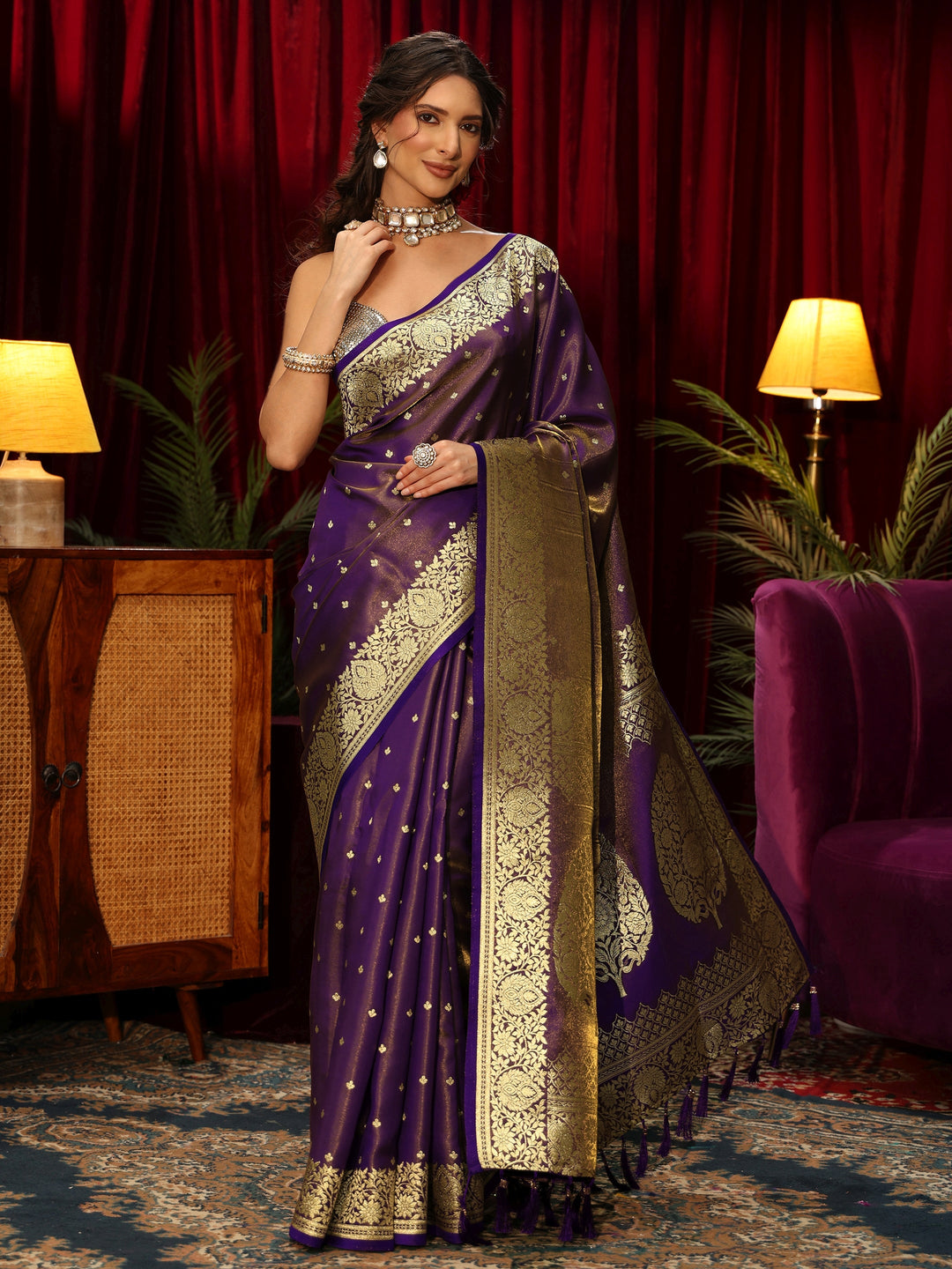  Libas Pansy Purple Floral Woven Design Satin Saree 