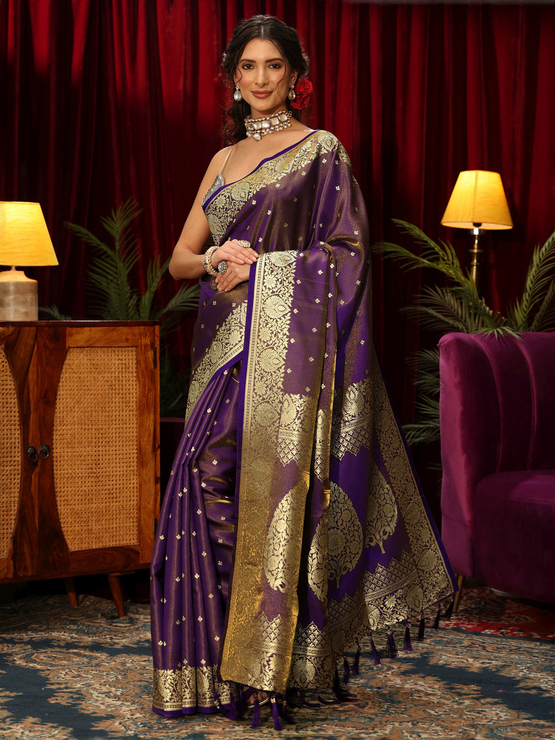  Libas Pansy Purple Floral Woven Design Satin Saree 