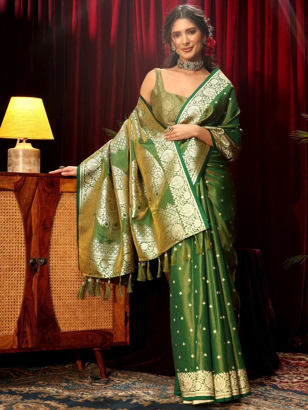  Libas Forest Green Floral Woven Design Satin Saree 
