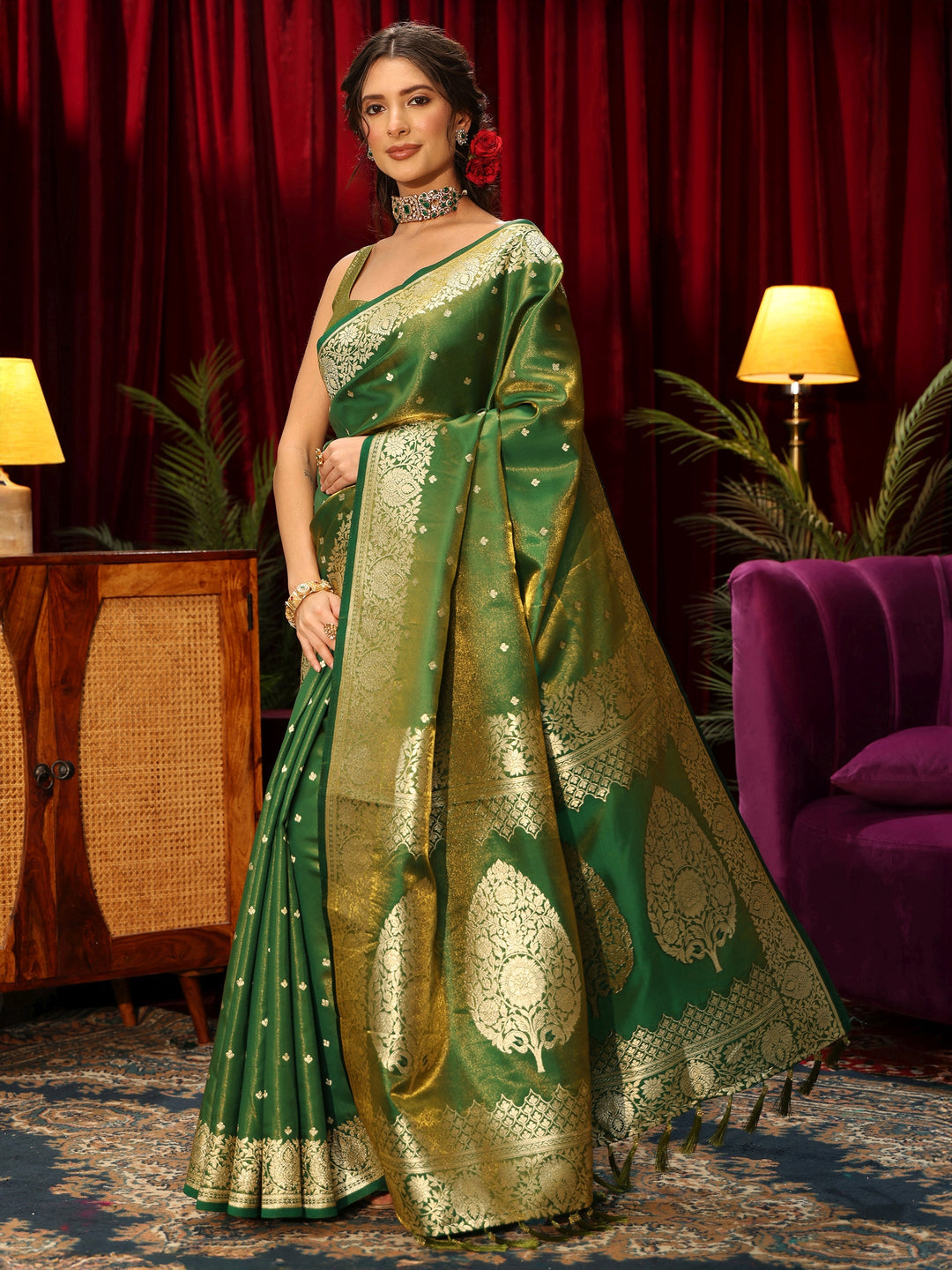  Libas Forest Green Floral Woven Design Satin Saree 