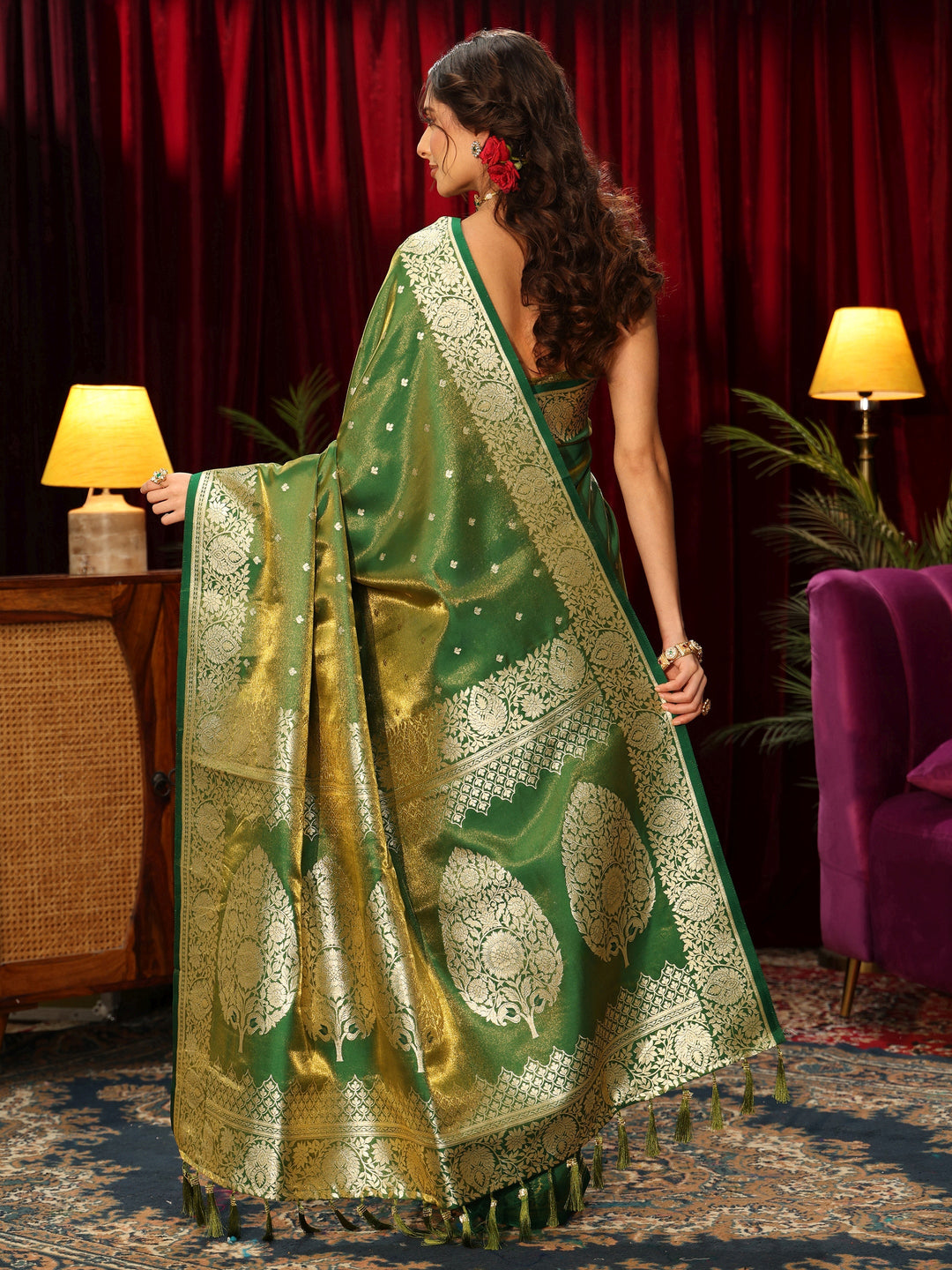  Libas Forest Green Floral Woven Design Satin Saree 