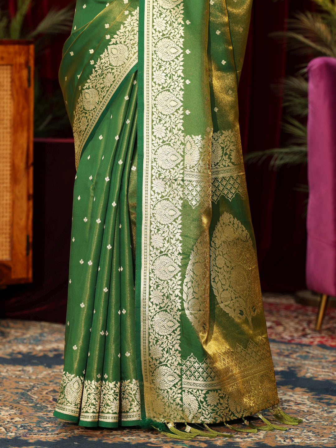  Libas Forest Green Floral Woven Design Satin Saree 