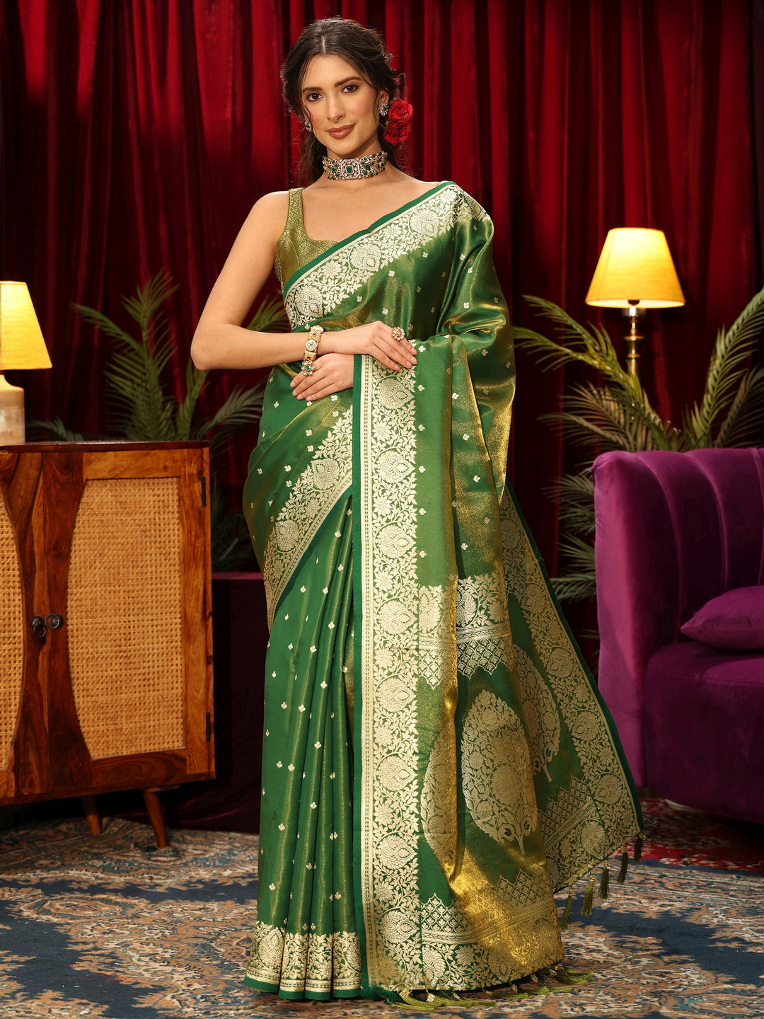  Libas Forest Green Floral Woven Design Satin Saree 