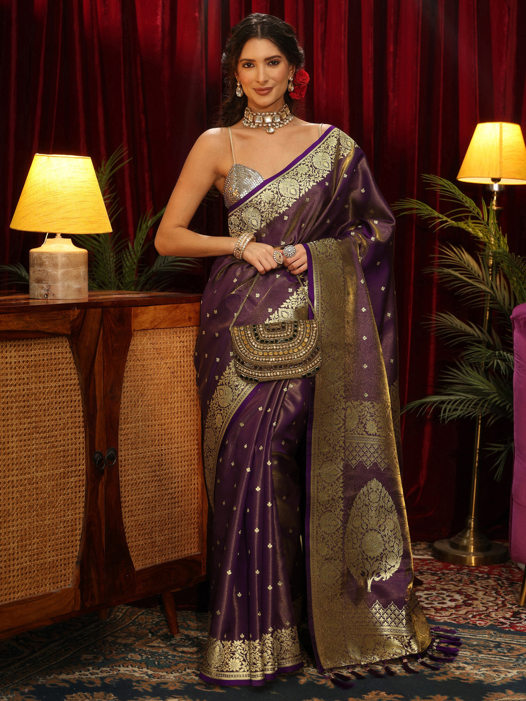  Libas Brown Banarasi Satin Tassel Saree 