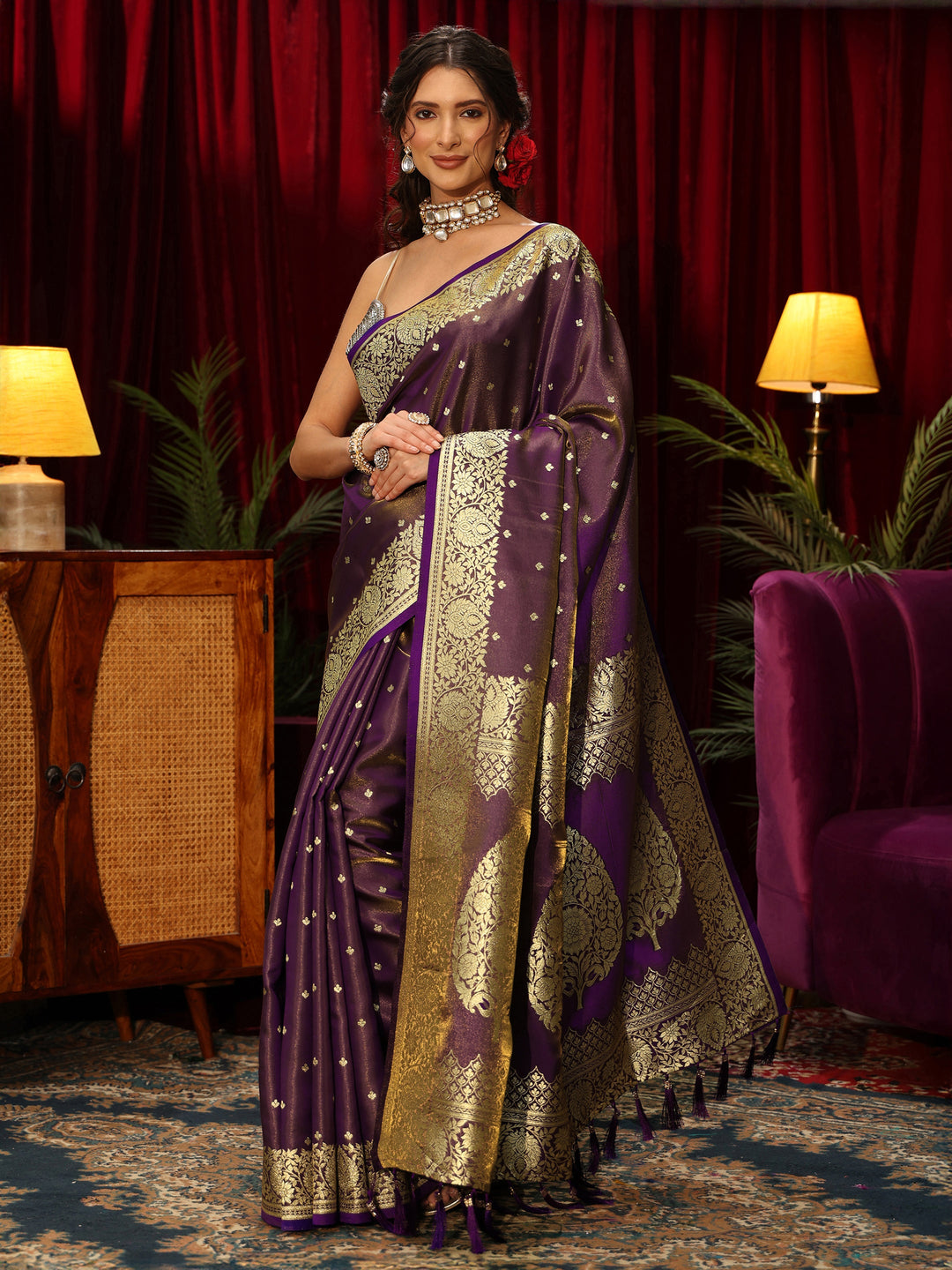  Libas Brown Banarasi Satin Tassel Saree 