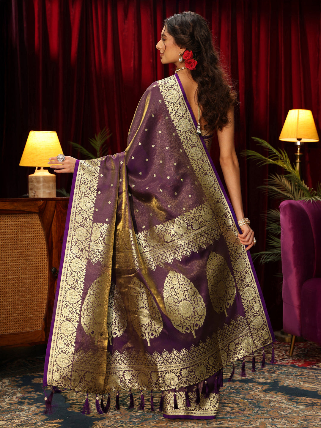  Libas Brown Banarasi Satin Tassel Saree 