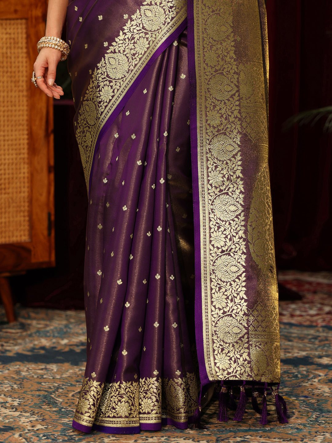  Libas Brown Banarasi Satin Tassel Saree 