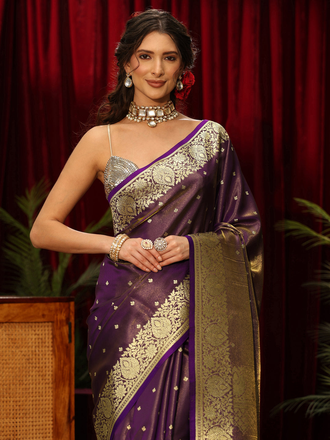  Libas Brown Banarasi Satin Tassel Saree 