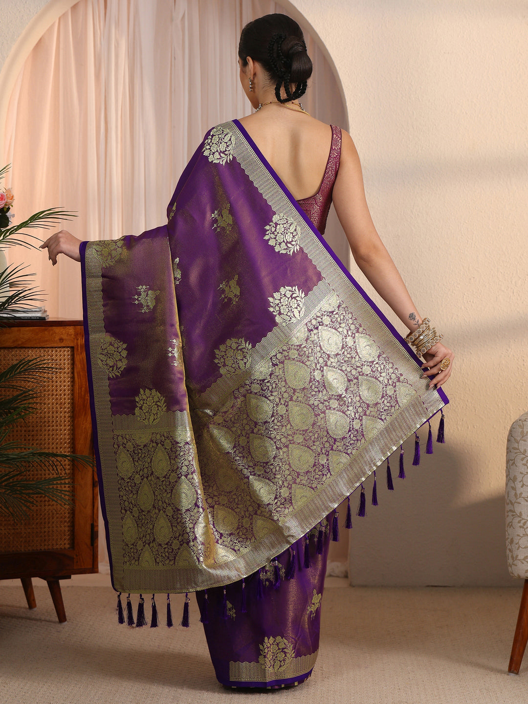  Libas Purple Ethnic Woven Design Satin Tassel Saree 
