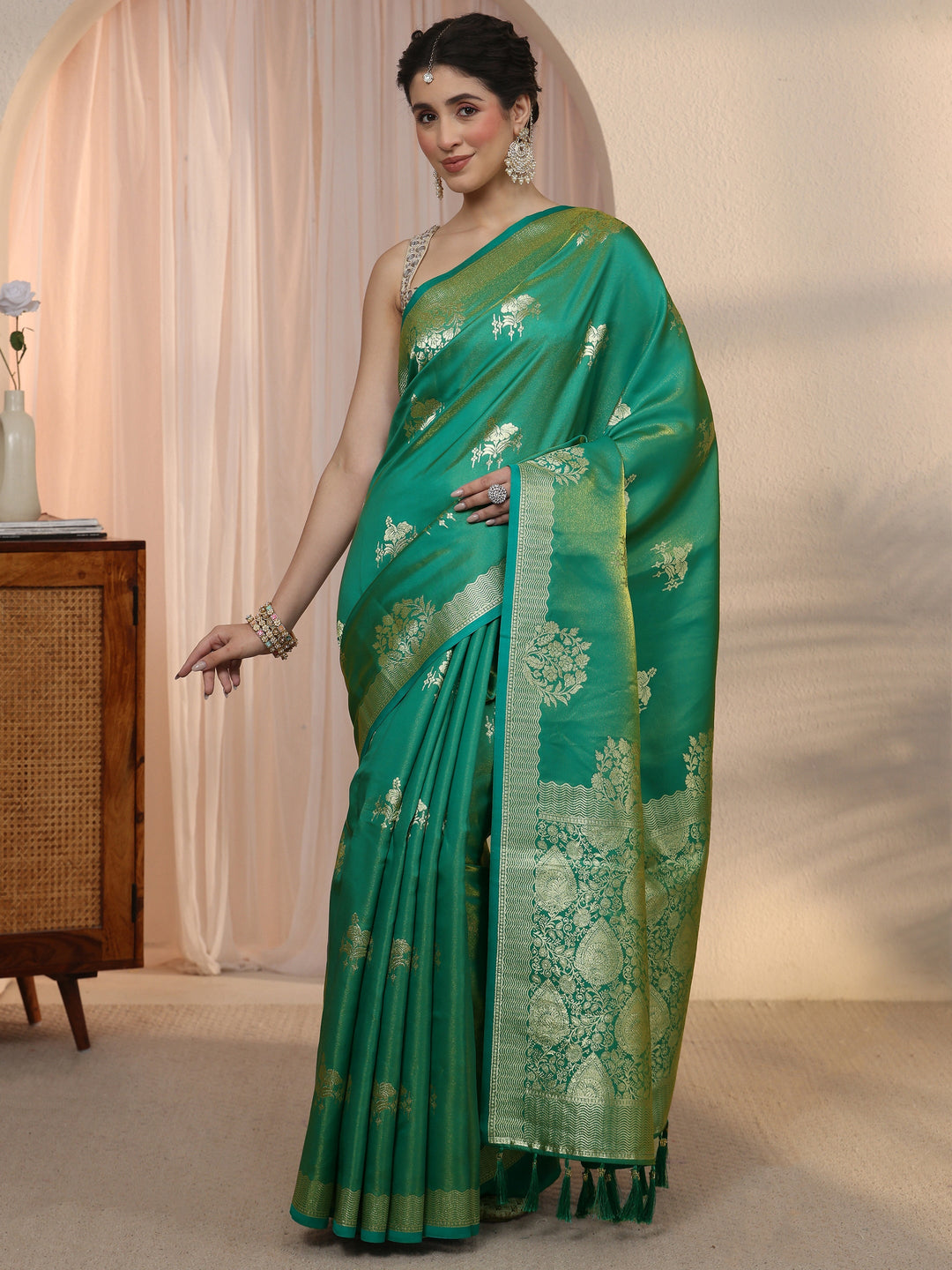  Libas Rama Green Woven Design Satin Tassel Saree 