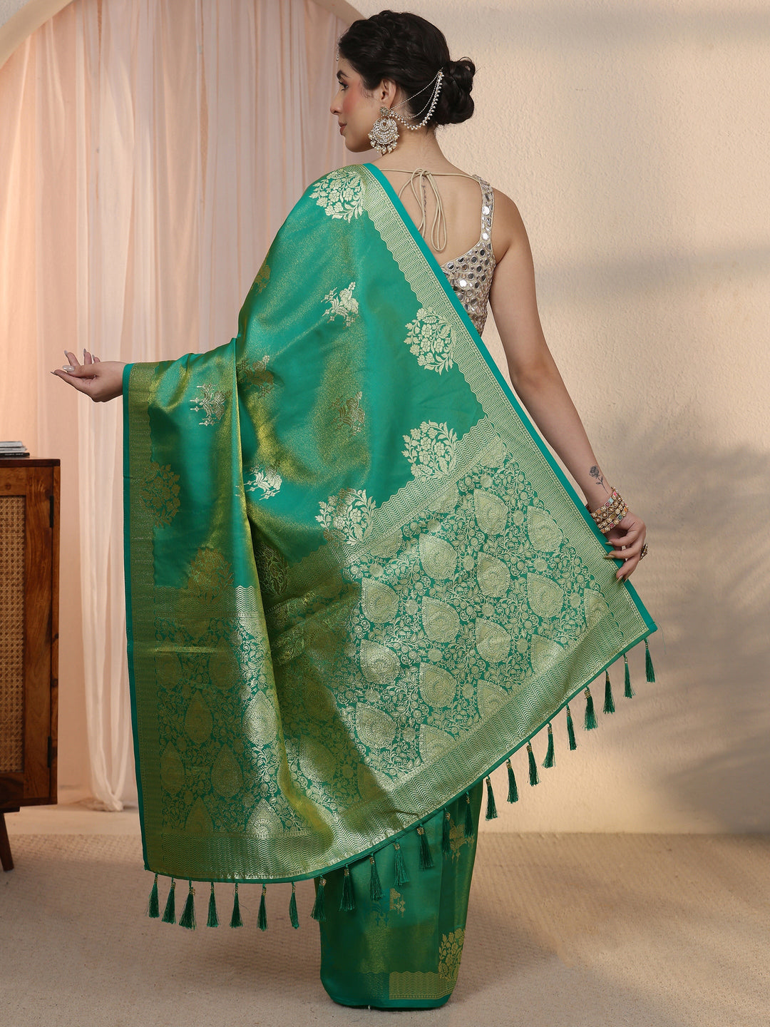  Libas Rama Green Woven Design Satin Tassel Saree 
