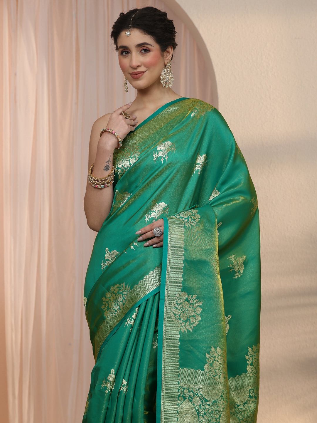  Libas Rama Green Woven Design Satin Tassel Saree 