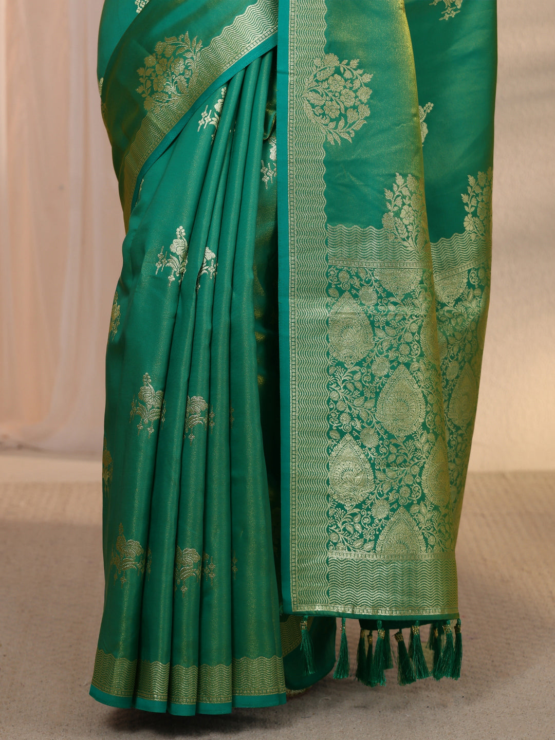  Libas Rama Green Woven Design Satin Tassel Saree 