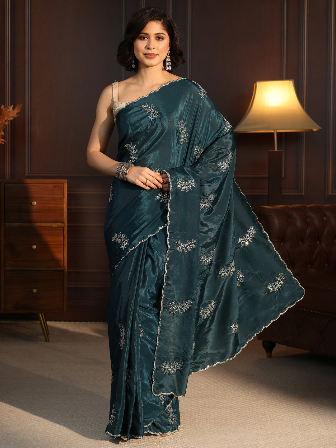  Libas Teal Blue Floral Embroidered Satin Saree 
