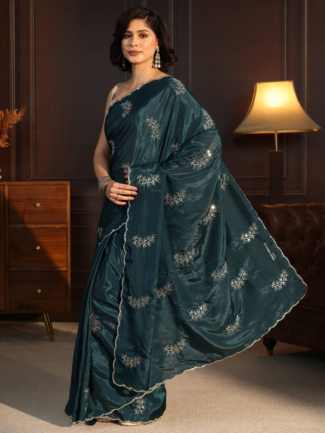  Libas Teal Blue Floral Embroidered Satin Saree 