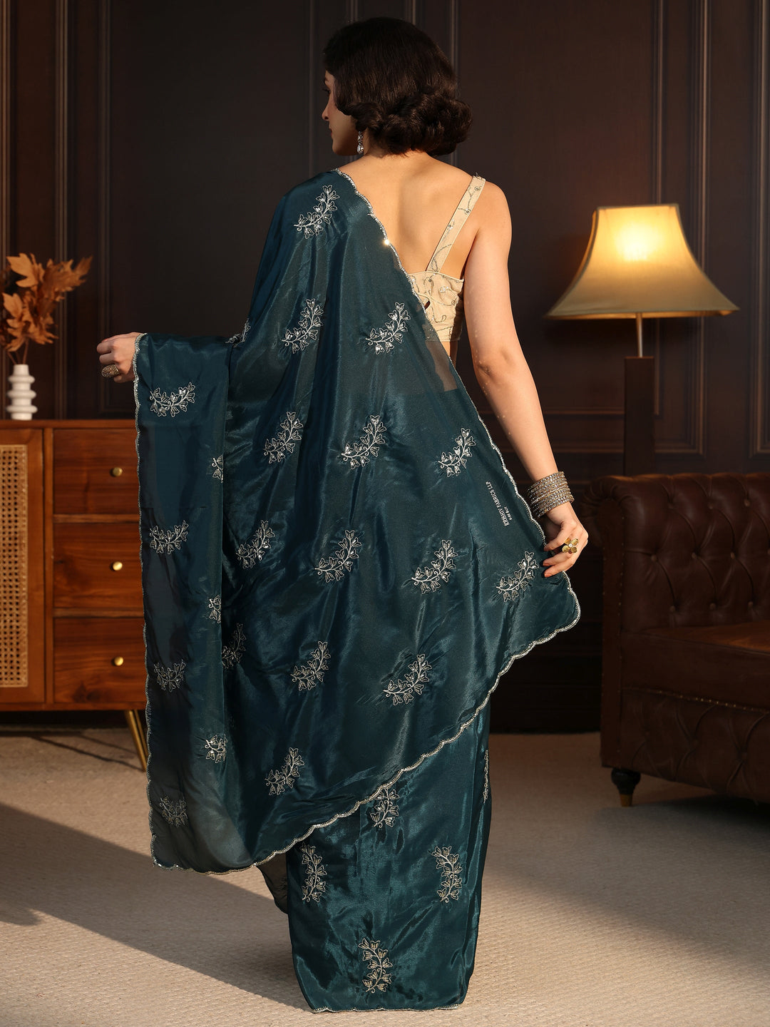  Libas Teal Blue Floral Embroidered Satin Saree 