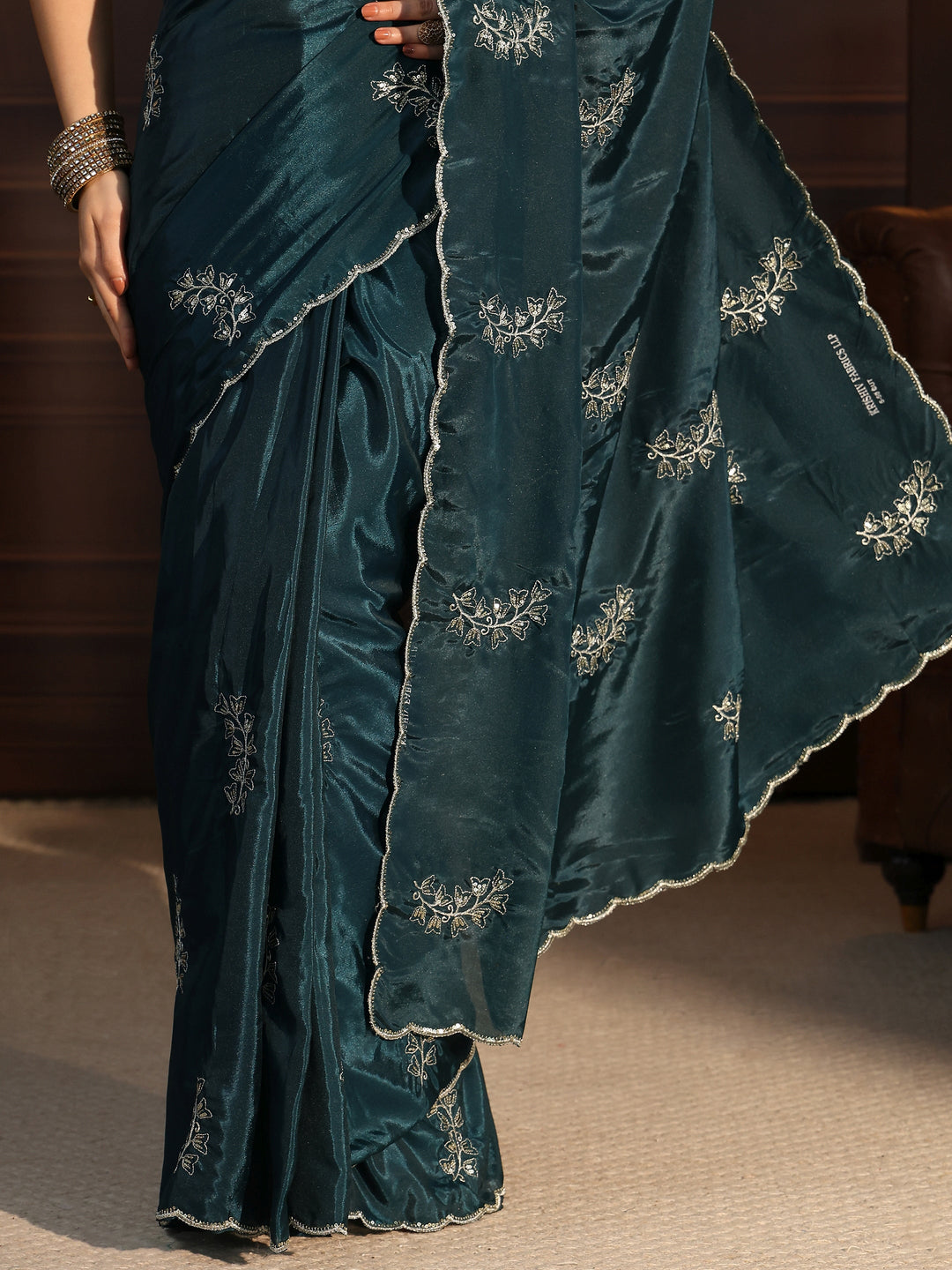  Libas Teal Blue Floral Embroidered Satin Saree 