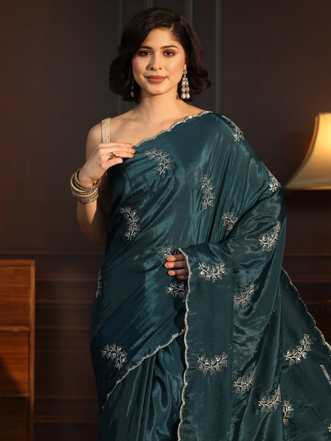  Libas Teal Blue Floral Embroidered Satin Saree 
