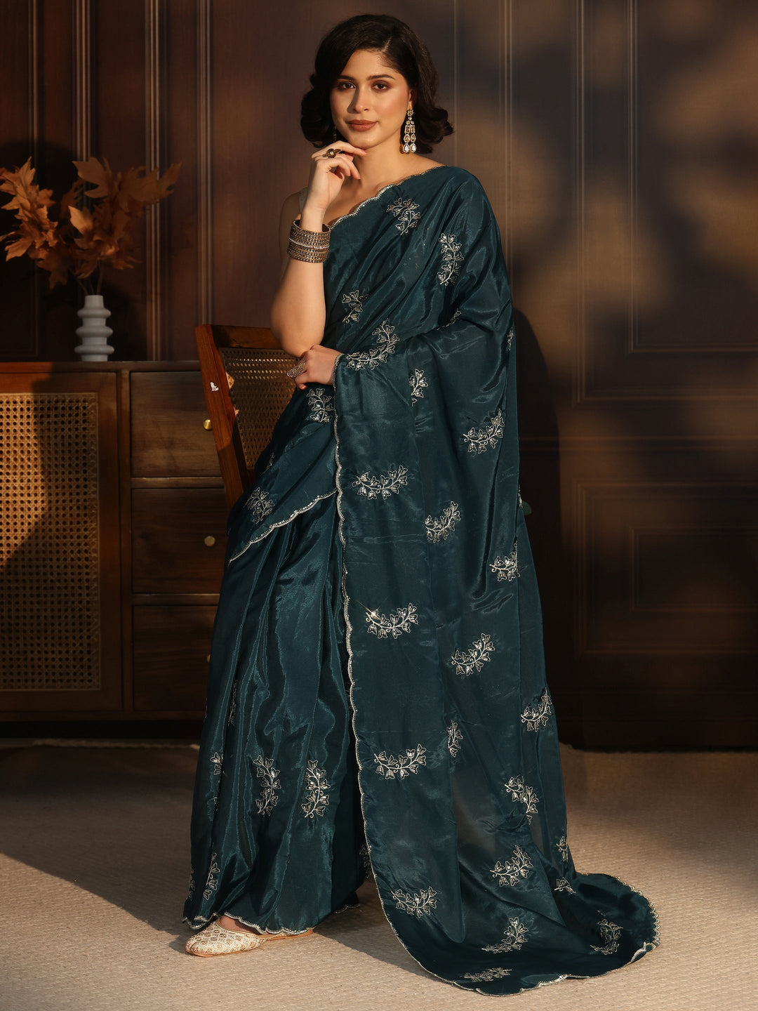  Libas Teal Blue Floral Embroidered Satin Saree 