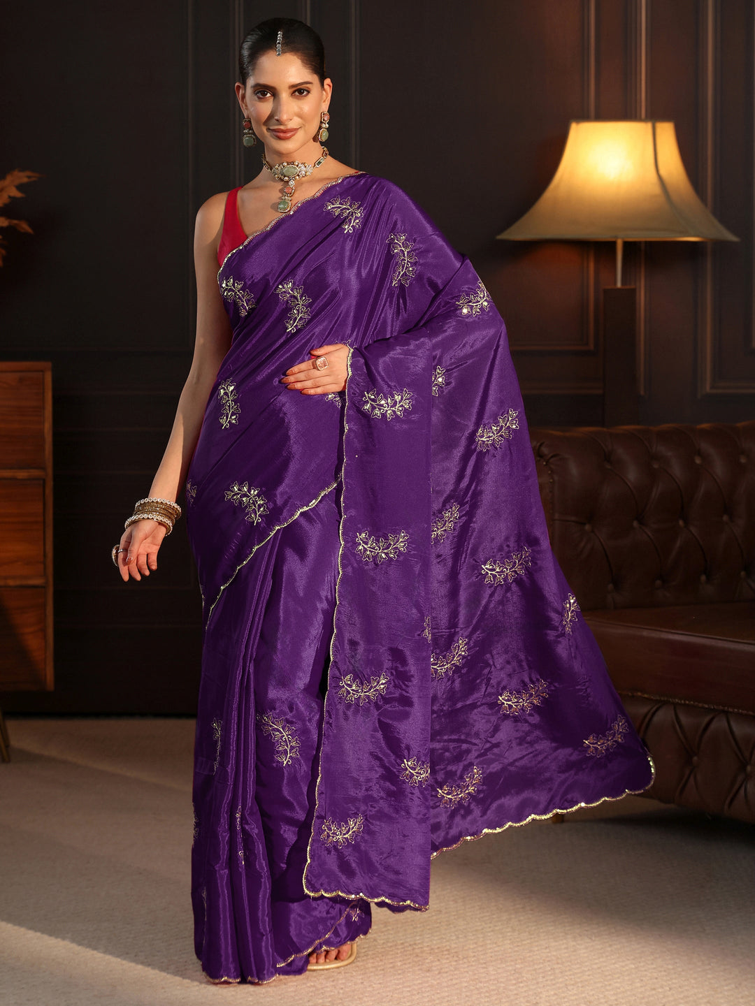  Libas Purple Floral Embroidered Satin Saree 