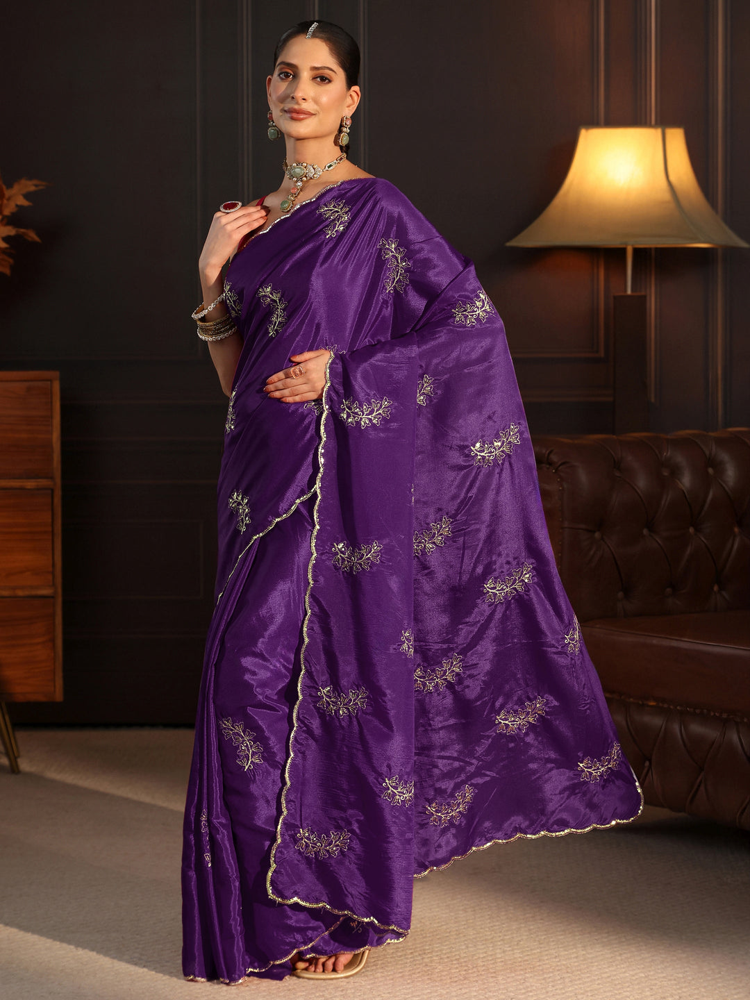  Libas Purple Floral Embroidered Satin Saree 