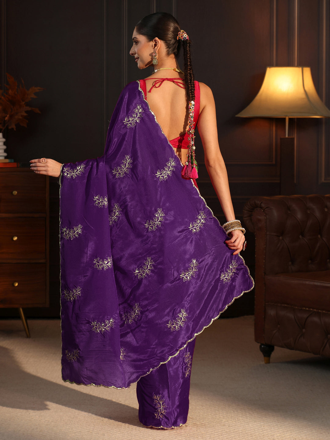  Libas Purple Floral Embroidered Satin Saree 