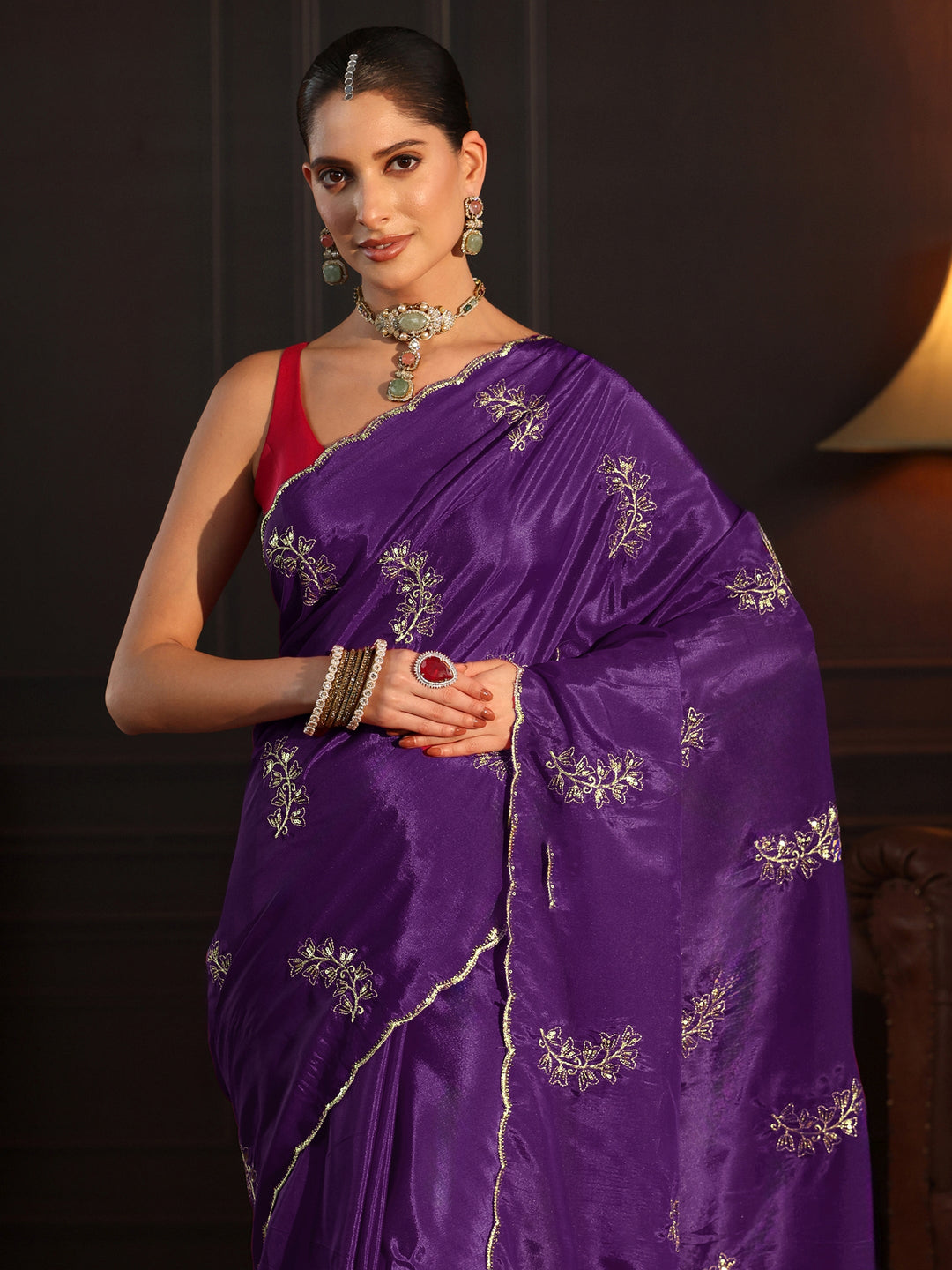  Libas Purple Floral Embroidered Satin Saree 