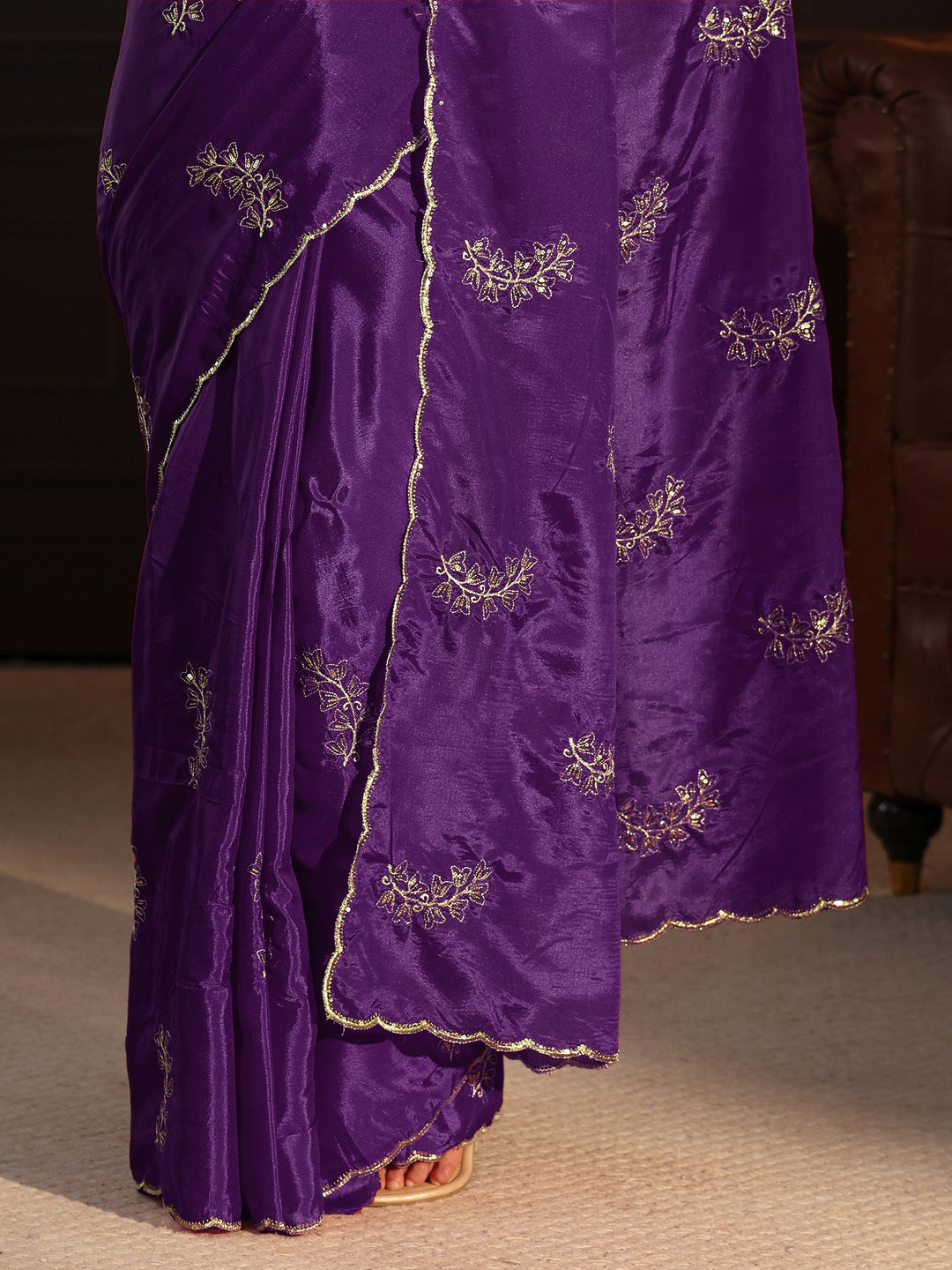  Libas Purple Floral Embroidered Satin Saree 