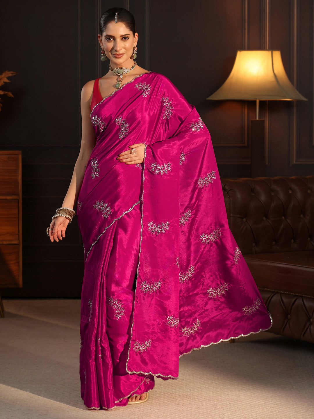 Libas Magenta Pink Embellished Satin Saree with Scalloped Border 