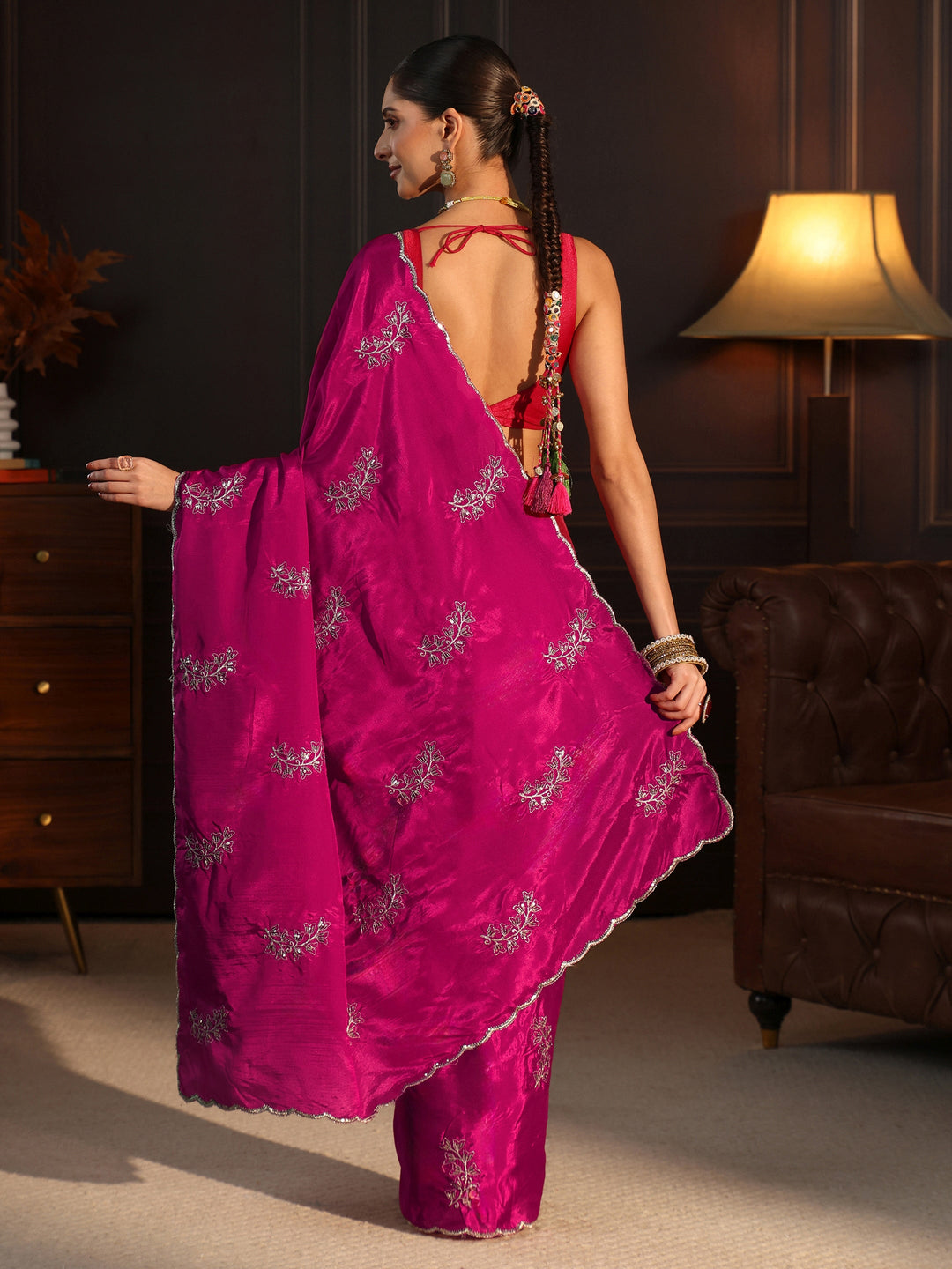  Libas Magenta Pink Embellished Satin Saree with Scalloped Border 