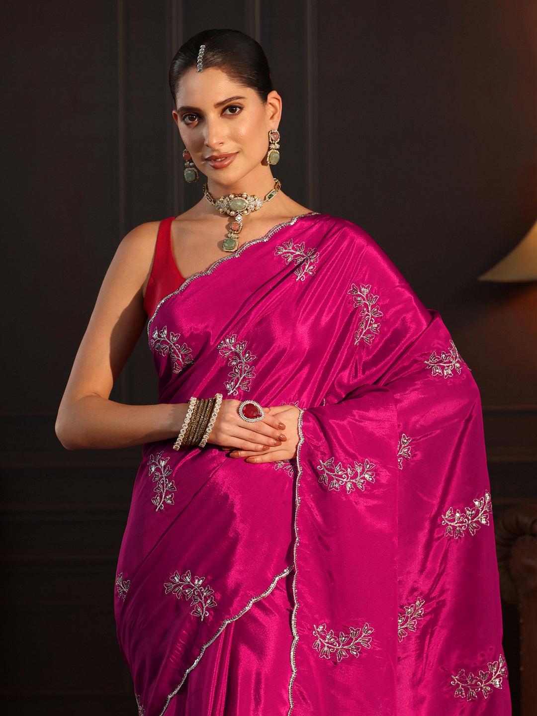  Libas Magenta Pink Embellished Satin Saree with Scalloped Border 