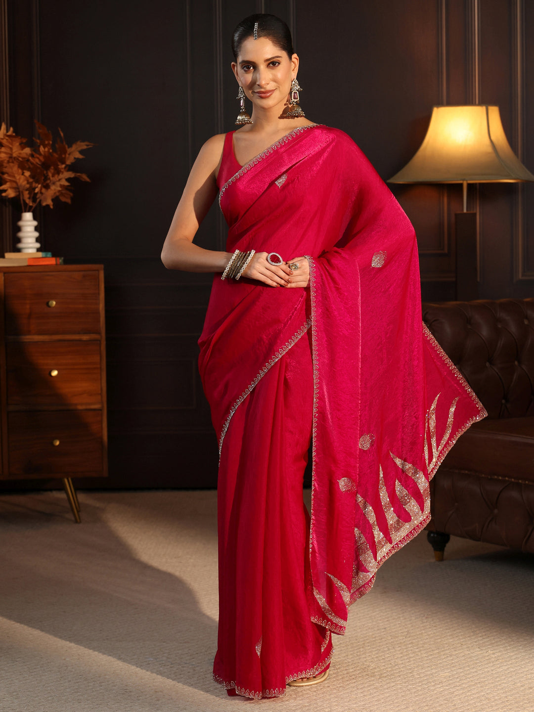  Libas Ruby Red Stone Work Embellished Tissue Saree 