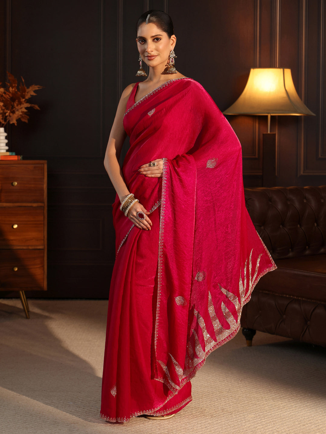  Libas Ruby Red Stone Work Embellished Tissue Saree 