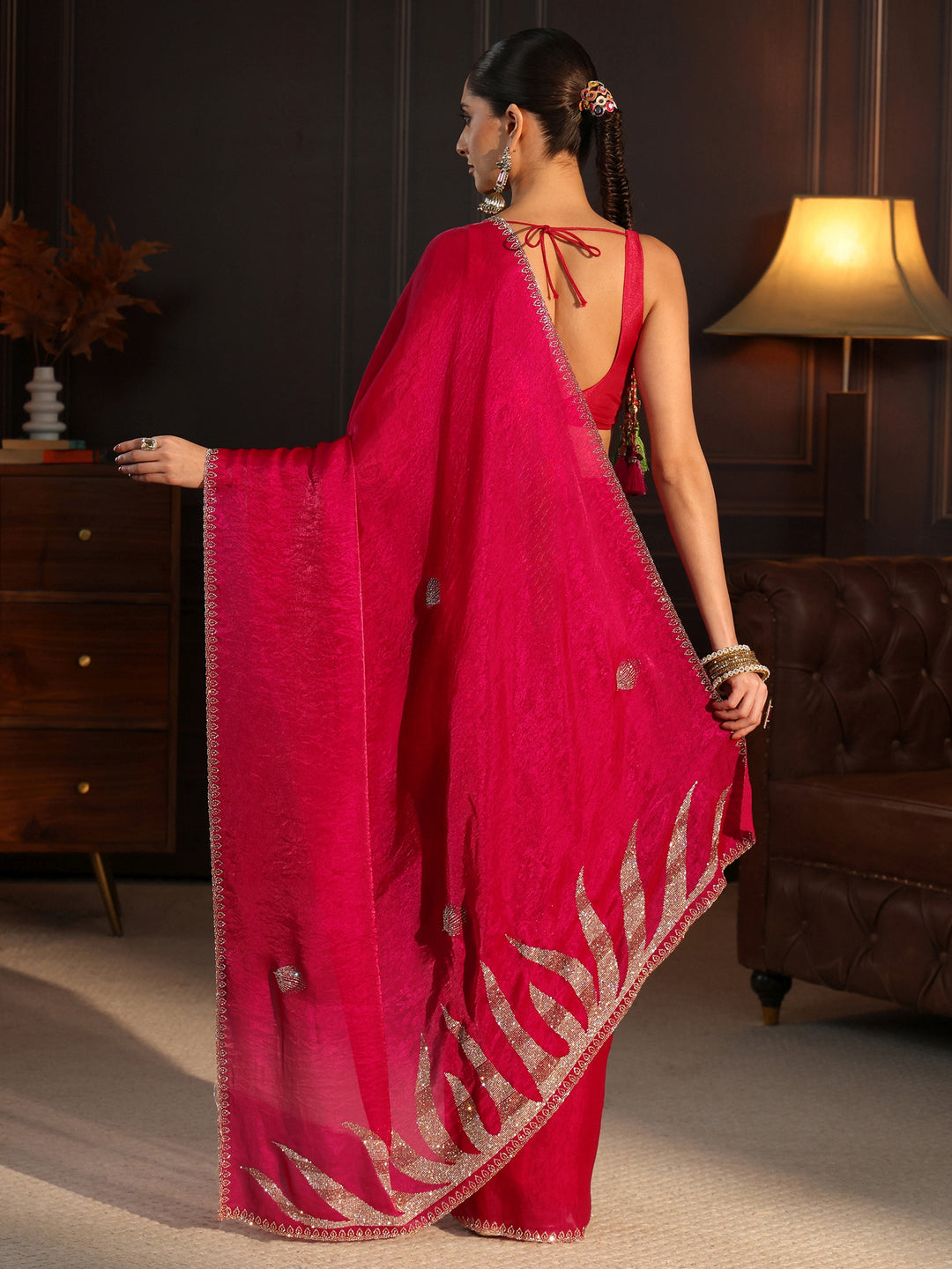  Libas Ruby Red Stone Work Embellished Tissue Saree 