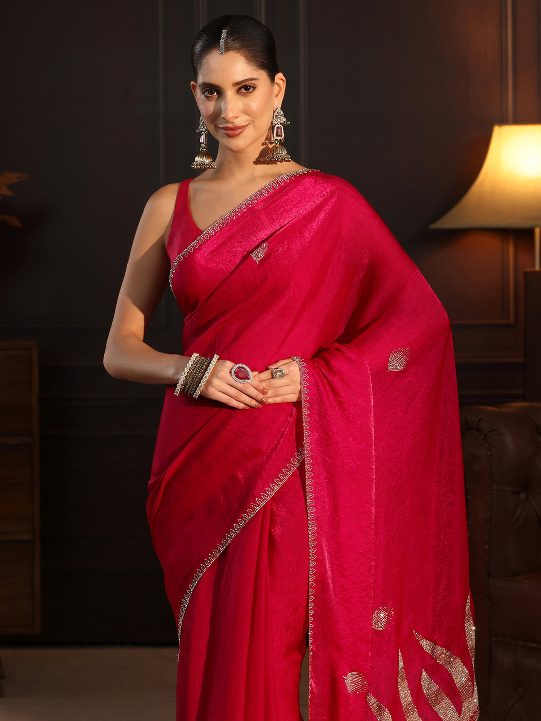  Libas Ruby Red Stone Work Embellished Tissue Saree 