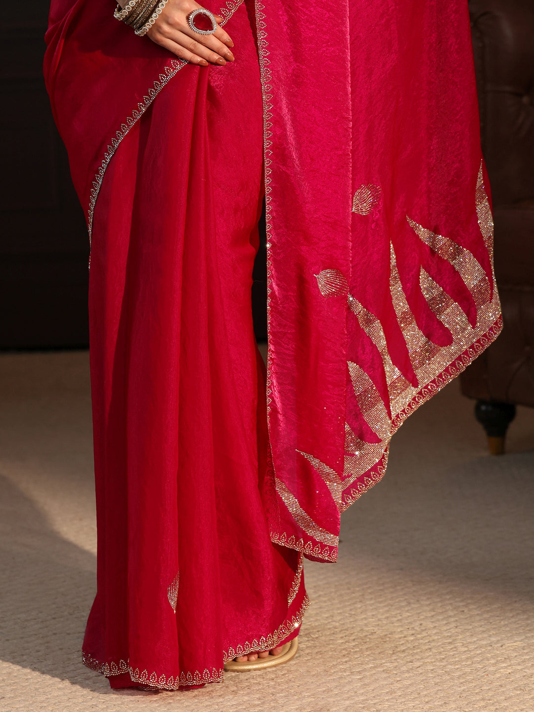  Libas Ruby Red Stone Work Embellished Tissue Saree 