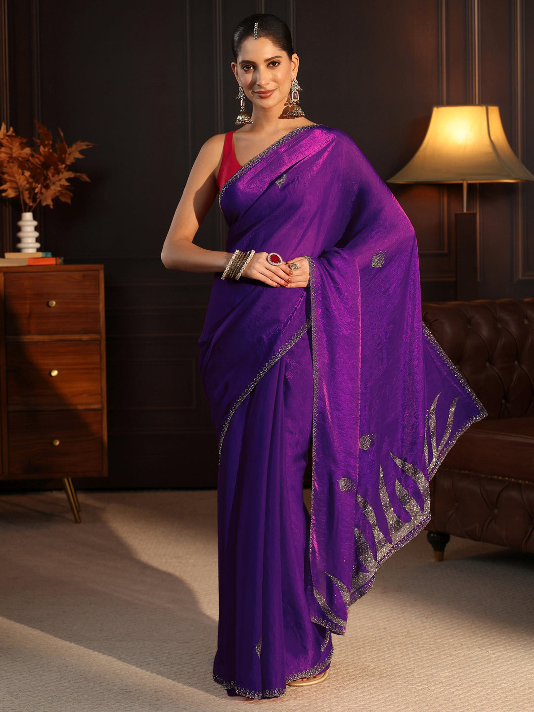  Libas Purple Stone Work Embellished Tissue Saree 