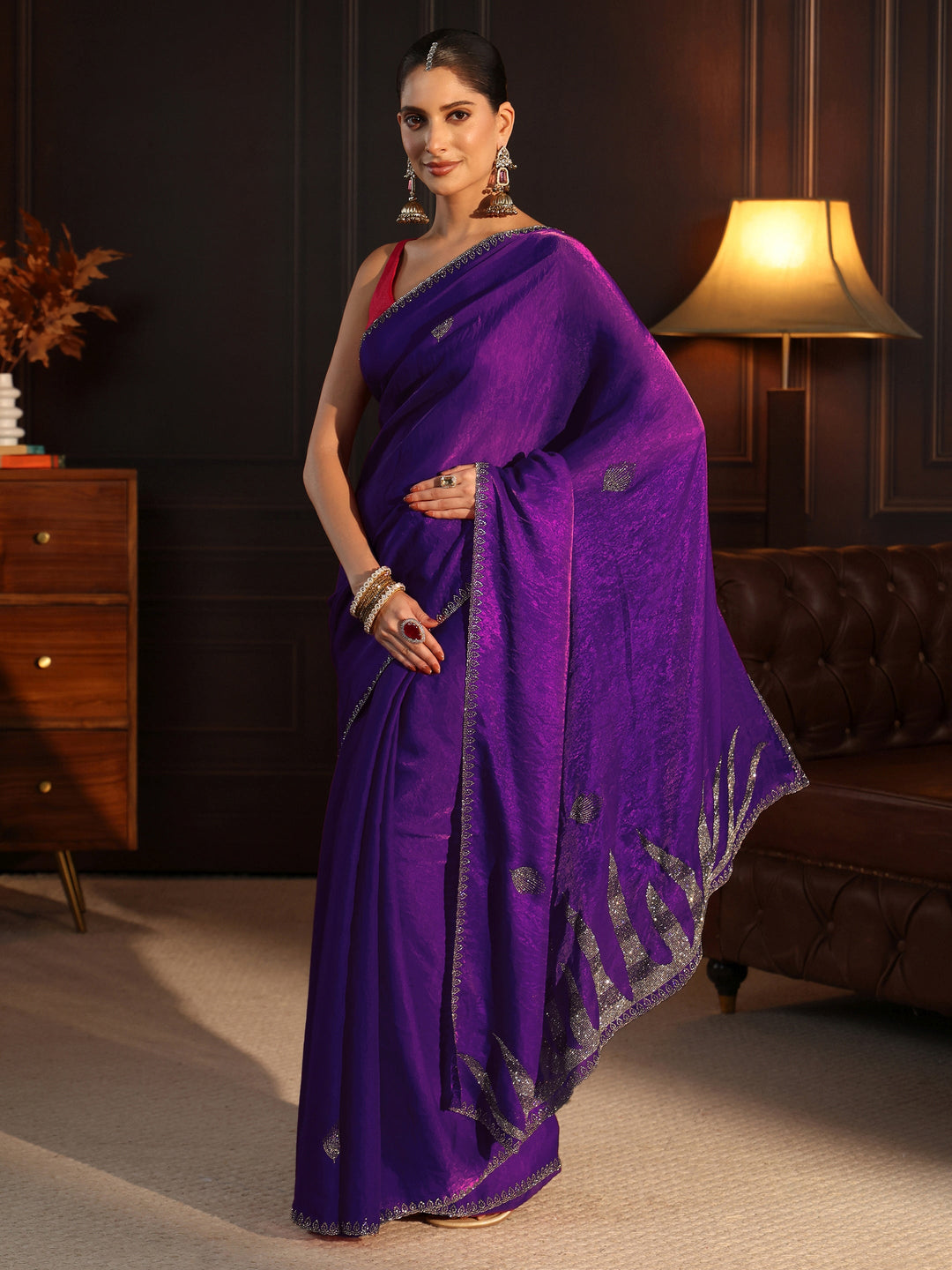  Libas Purple Stone Work Embellished Tissue Saree 