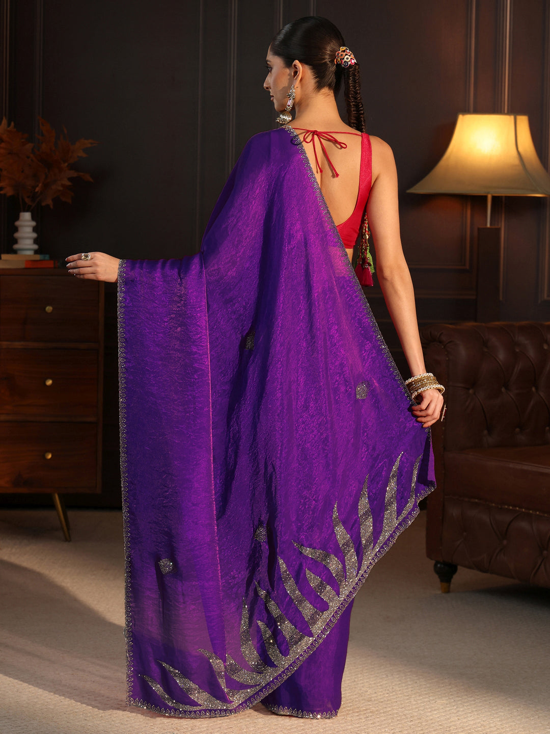  Libas Purple Stone Work Embellished Tissue Saree 