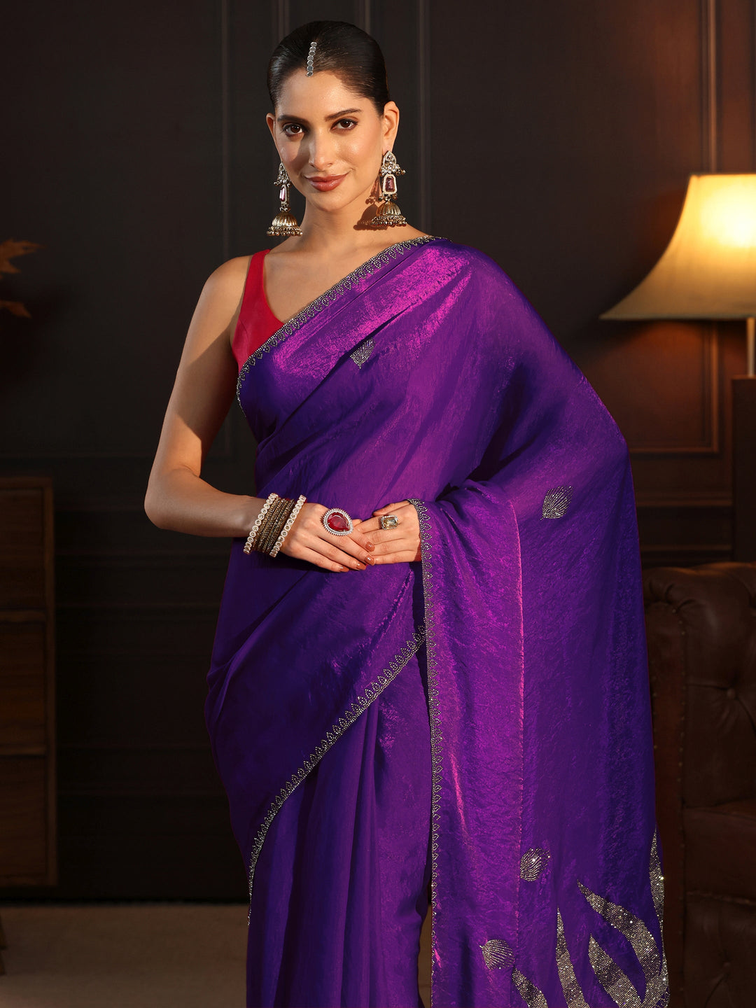  Libas Purple Stone Work Embellished Tissue Saree 