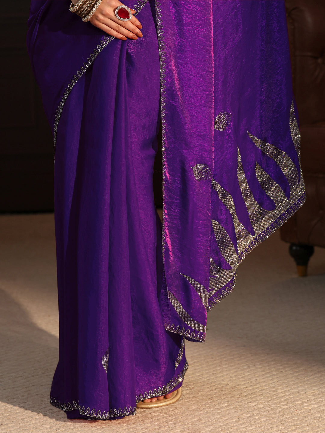  Libas Purple Stone Work Embellished Tissue Saree 