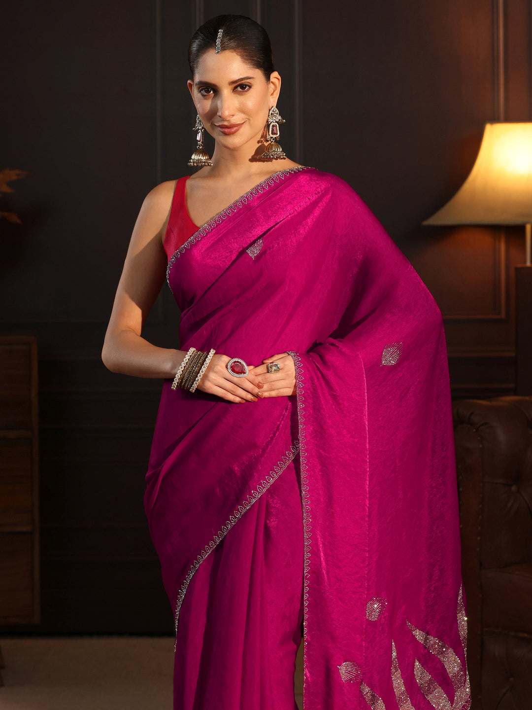  Libas Magenta Pink Stone Work Embellished Tissue Saree 