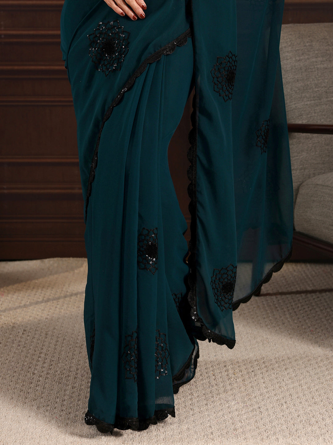  Libas Deep Blue Floral Sequin Embellished Georgette Saree 